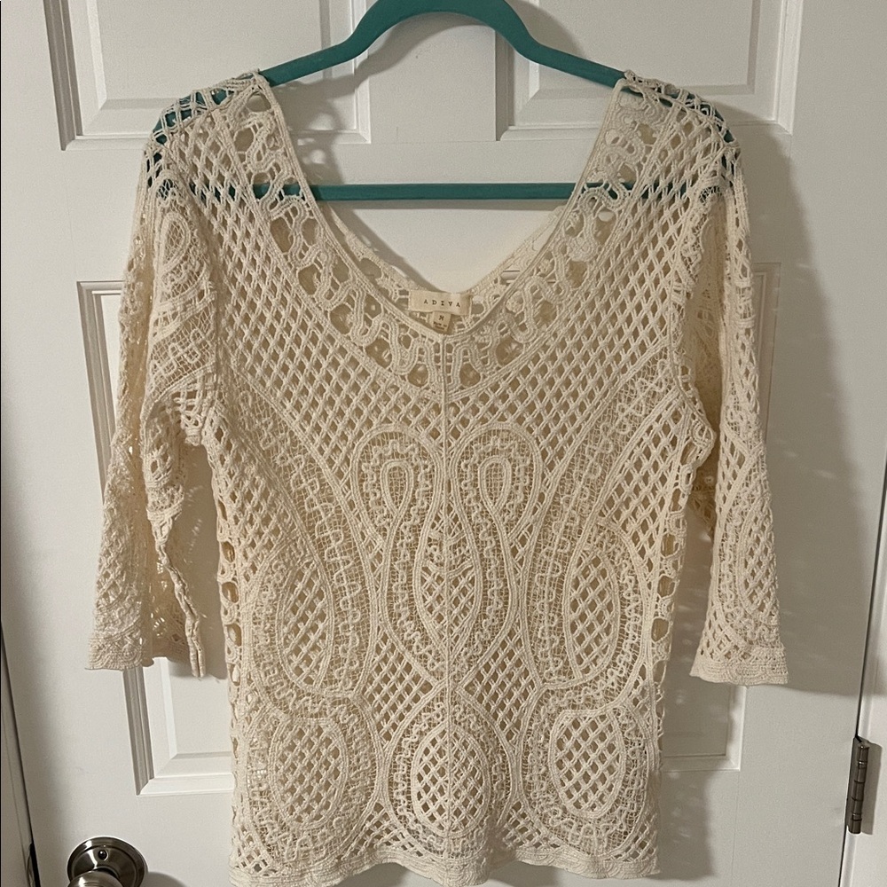 Adiva Cream cotton crochet top with three-quarter sleeves Size Medium